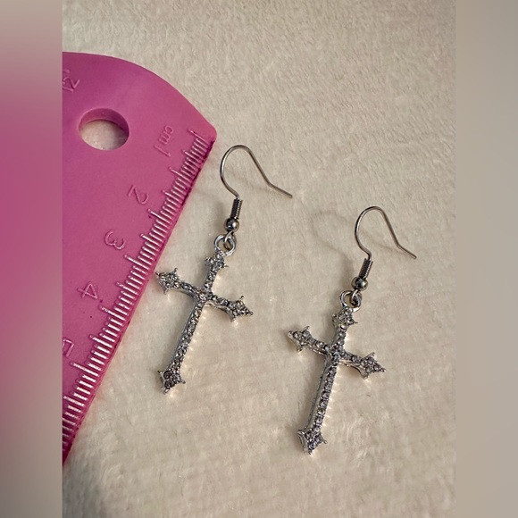 Silver Tone Crystal Cross Pendant Necklace & Drop Dangle Earrings Set - Picture 11 of 11